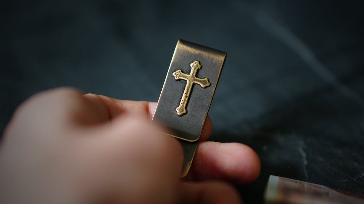 Handmade Distressed Brass Money Clip: Oxidized Cross Crucifix Design