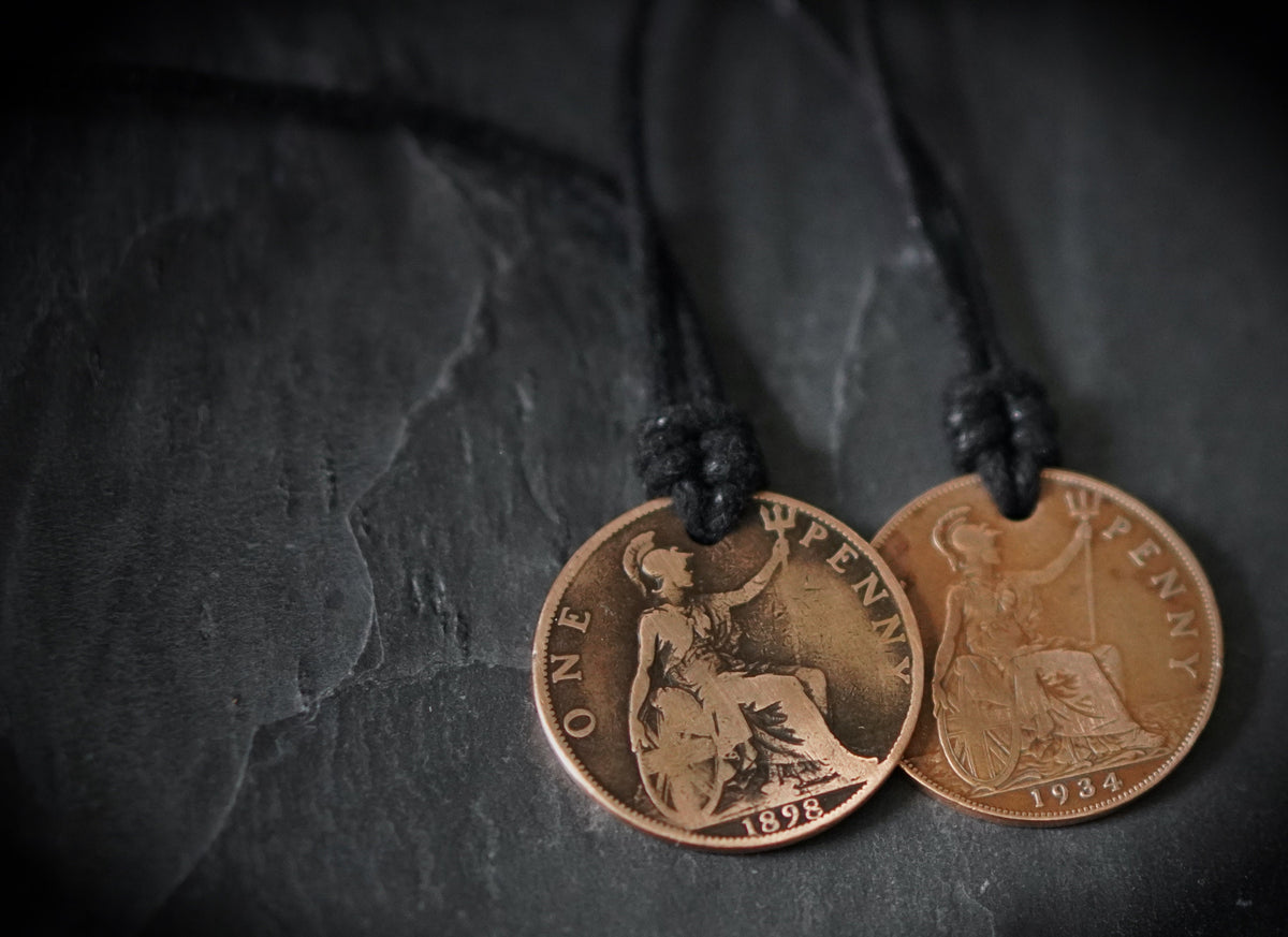 Distressed Copper Penny Necklace Set: King & Queen Medallion Pendants