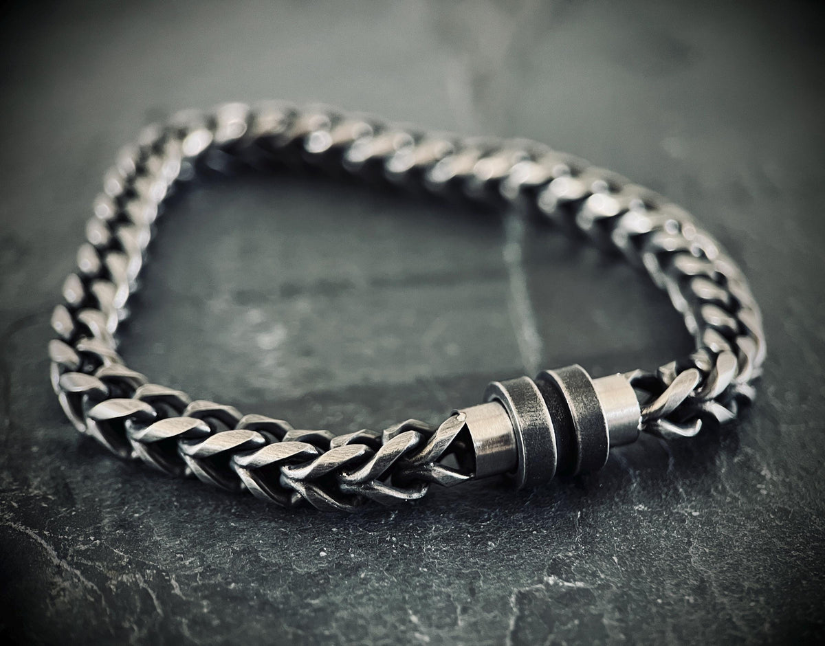 Oxidised Simple Stainless Steel Matte Blackened Silver Thick Chunky Foxtail Cable Link Chain Bracelet
