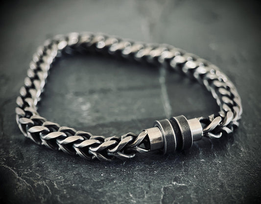 Oxidised Simple Stainless Steel Matte Blackened Silver Thick Chunky Foxtail Cable Link Chain Bracelet
