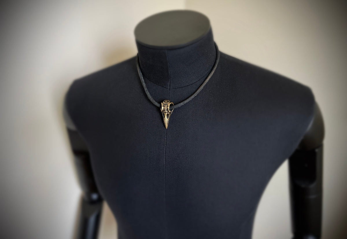 Rustic Oxidised Distressed Brass Crow Skull Pendant with Leather Cord Choker Necklace