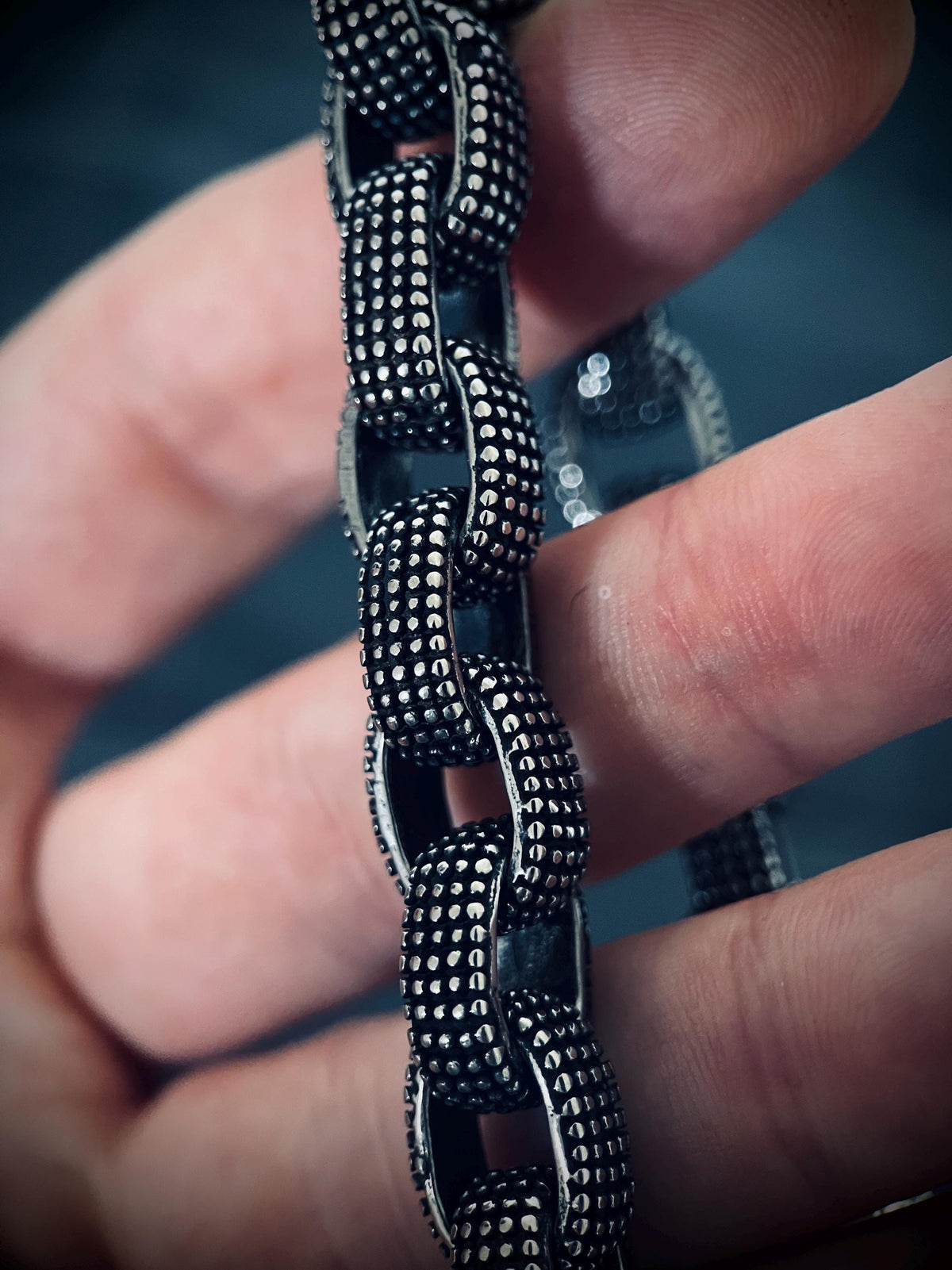 Oxidized Stainless Steel Chunky Chain Bracelet: Embossed Dot Link, Rustic Mens Jewelry