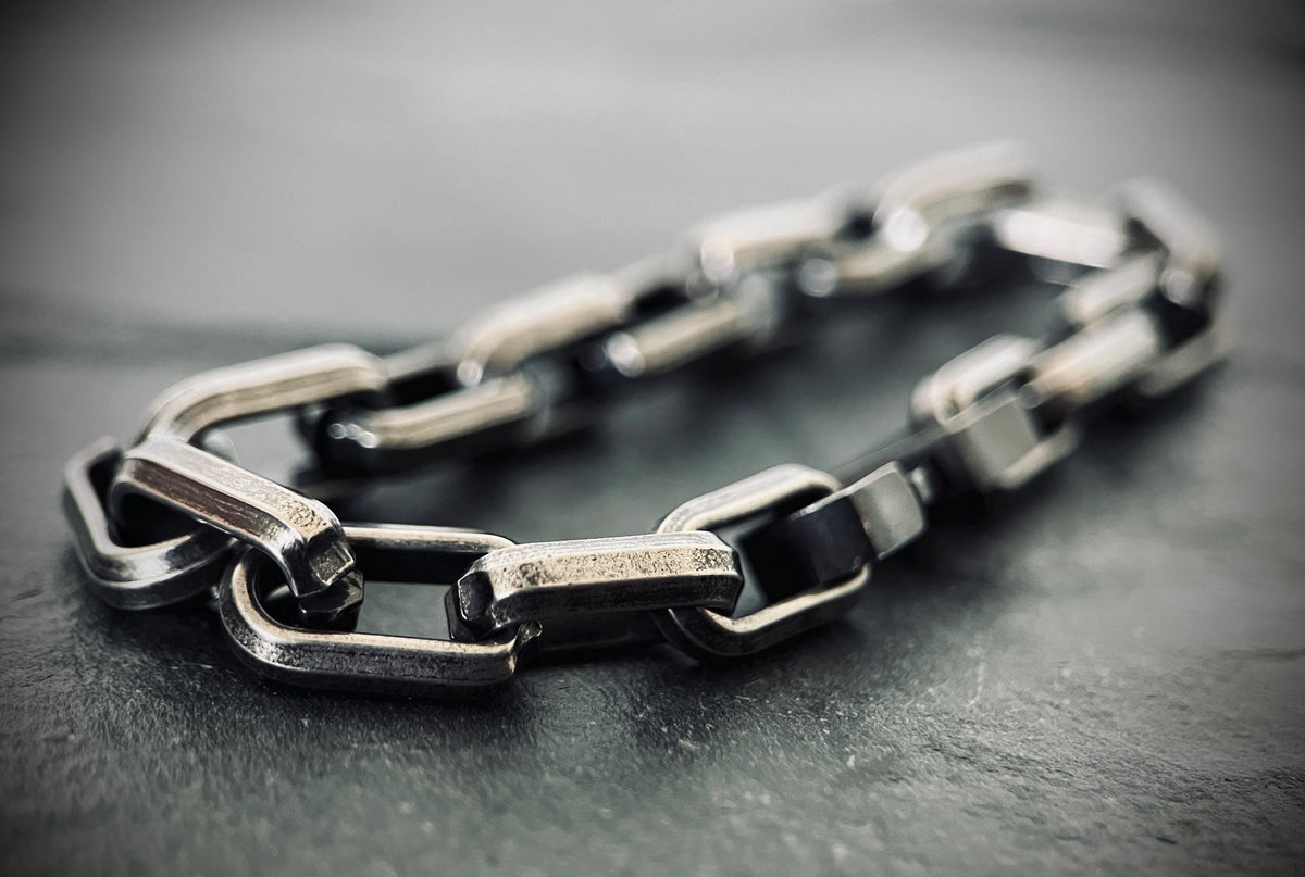 Rustic Oxidised Stainless Steel Matte Blackened Silver Thick Chunky Heavy Cable Link Chain Bracelet