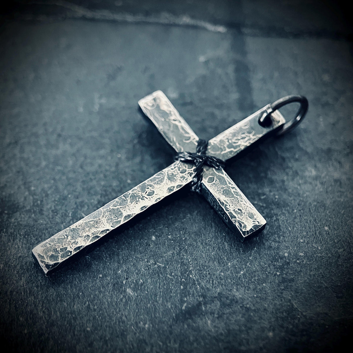Rustic Hammered Textured 925 Sterling Silver Cross Crucifix Pendant: Distressed Oxidised Finish