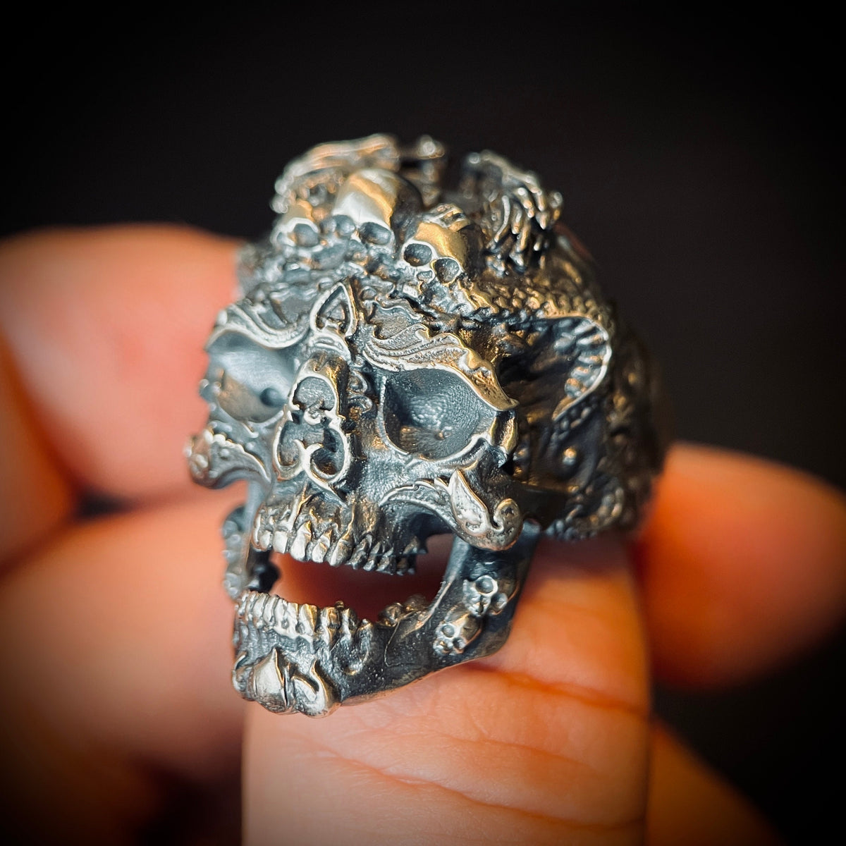 Distressed 925 Solid Sterling Silver Chunky Highly Detailed Ornate Handmade Carved Dragon Skull Ring