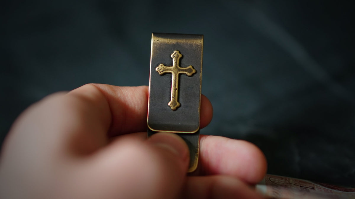 Handmade Distressed Brass Money Clip: Oxidized Cross Crucifix Design