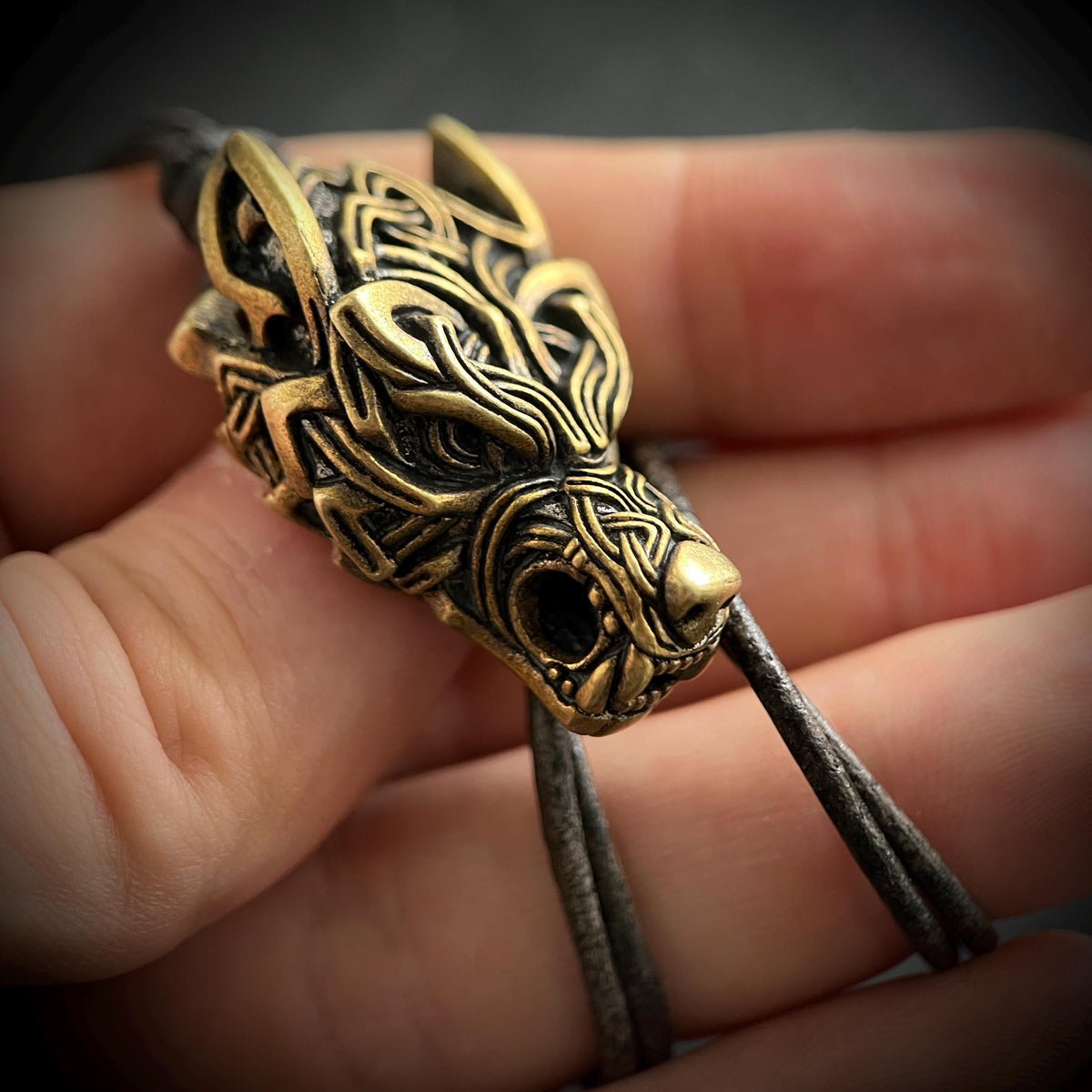 Rustic Brass Celtic Wolf Pendant & Black Distressed Leather Cord Necklace