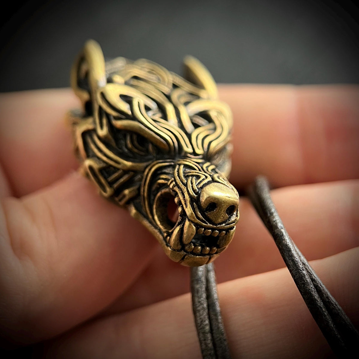 Rustic Brass Celtic Wolf Pendant & Black Distressed Leather Cord Necklace