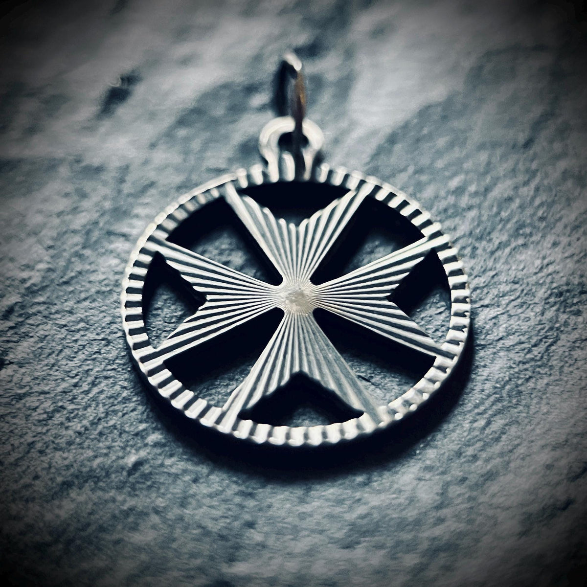 Small Oxidised Sterling Silver Decorative Maltese Cross Pendant – Rustic Crucifix Charm with Engravings