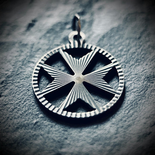 Small Oxidised Sterling Silver Decorative Maltese Cross Pendant – Rustic Crucifix Charm with Engravings
