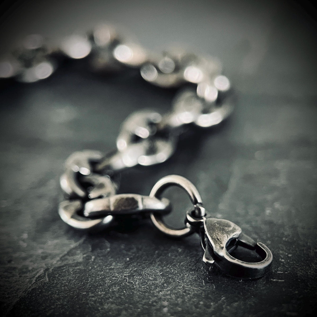 Rustic Chunky Distressed Blackened Stainless Steel Thorn Link Chain Bracelet