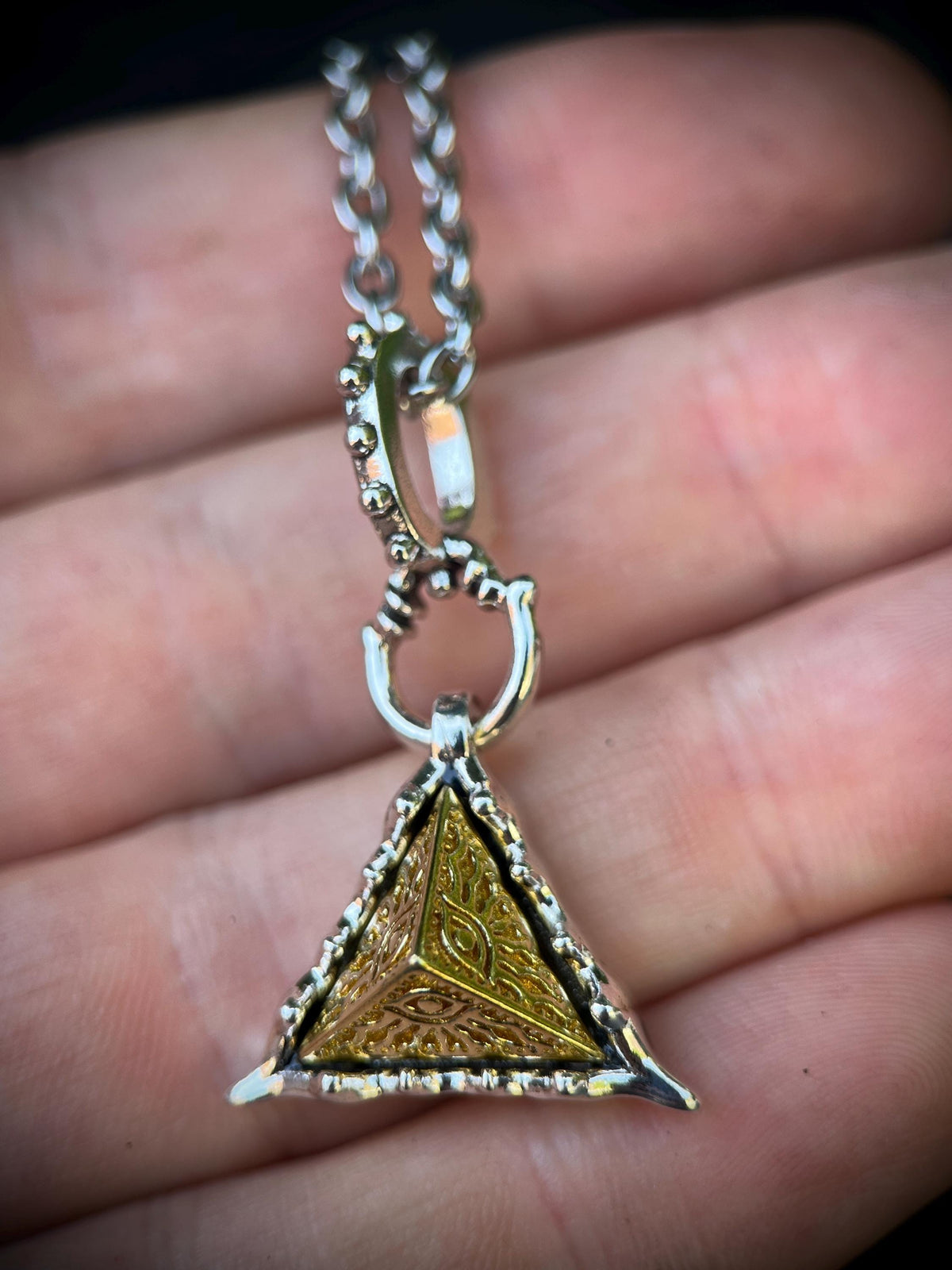 Egyptian Eye of Horus Golden Copper Pyramid and Silver Plated Pendant with Matching Necklace