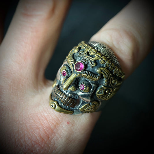 Sterling Silver Tibetan Skull Ring: Handmade Garnet Gemstone Eyes