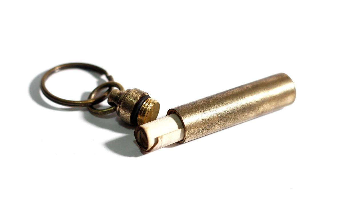 Dull Polished Distressed Solid Brass Bullet Pill Box Bottle Stash Capsule Keychain / Key-ring / Survival EDC /Matchbox