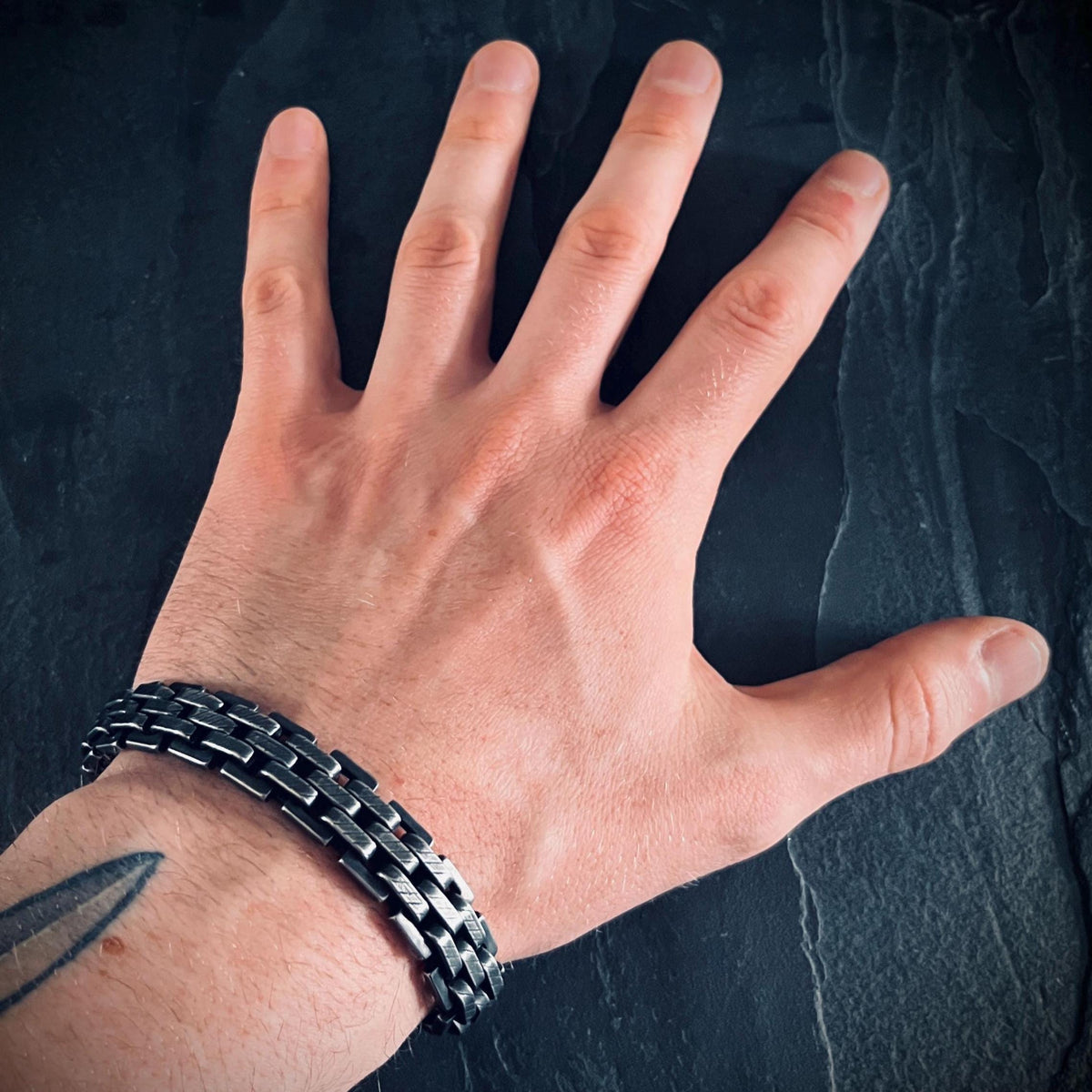 Brutalist Oxidised Stainless Steel Wide Thick Boxy Chunky Heavy Link Chain Bracelet - Mens