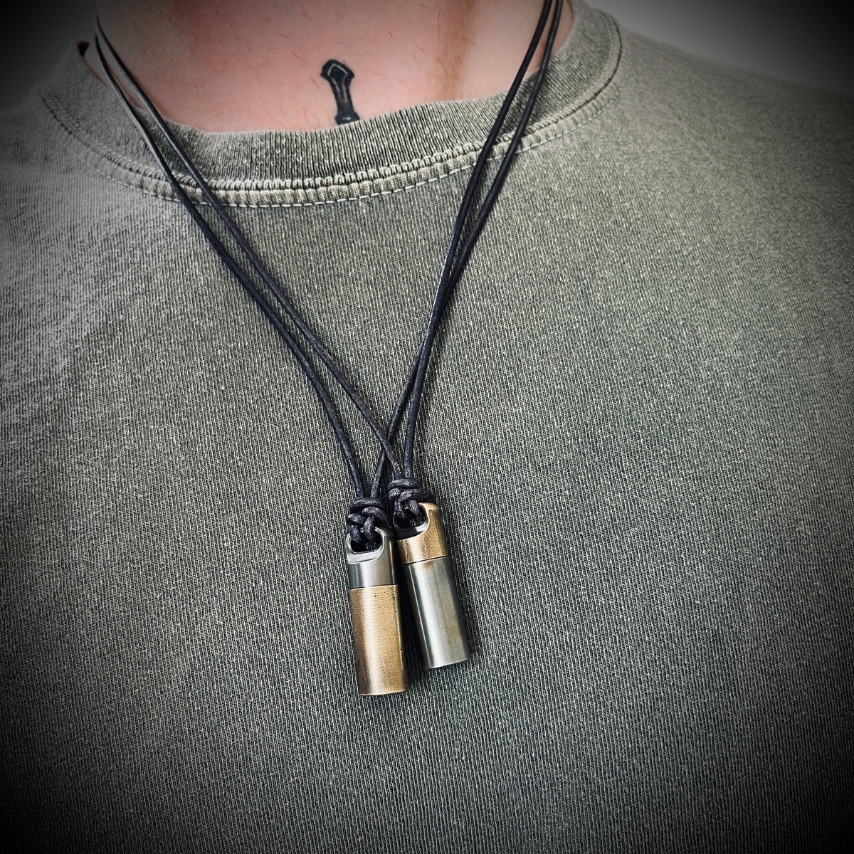 Two-Tone Brass & Stainless Steel Keepsake Necklace: Matching Pair of Stash Capsule Pendants / Couples / Friends