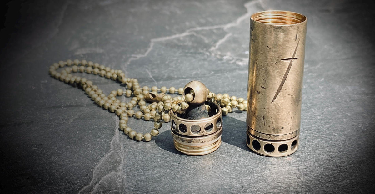 Aged Solid Brass Small Pill Vial Distressed Shotgun Shell Capsule Stash Urn Engraved Cross Pendant & Matching Ball Chain Necklace