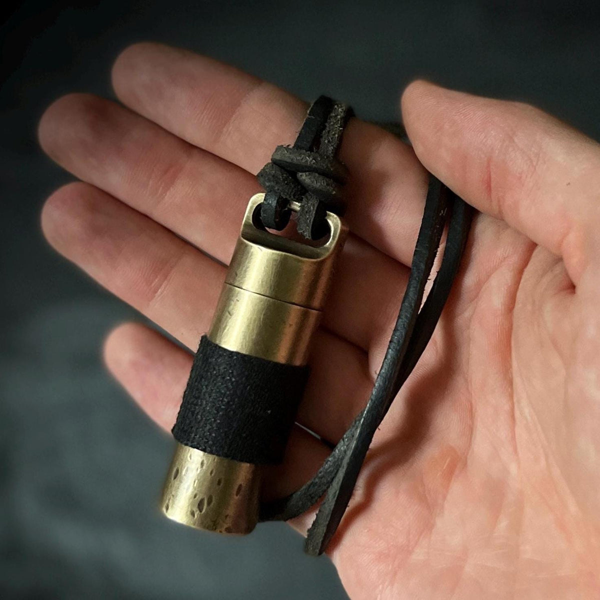 Rustic Brass Pill Vial Necklace: Distressed Capsule Stash Pendant, Leather Cord