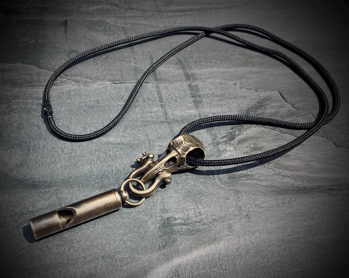 Handmade Brass Crow Skull Pendant with Whistle Attachment & Black Leather Cord Necklace
