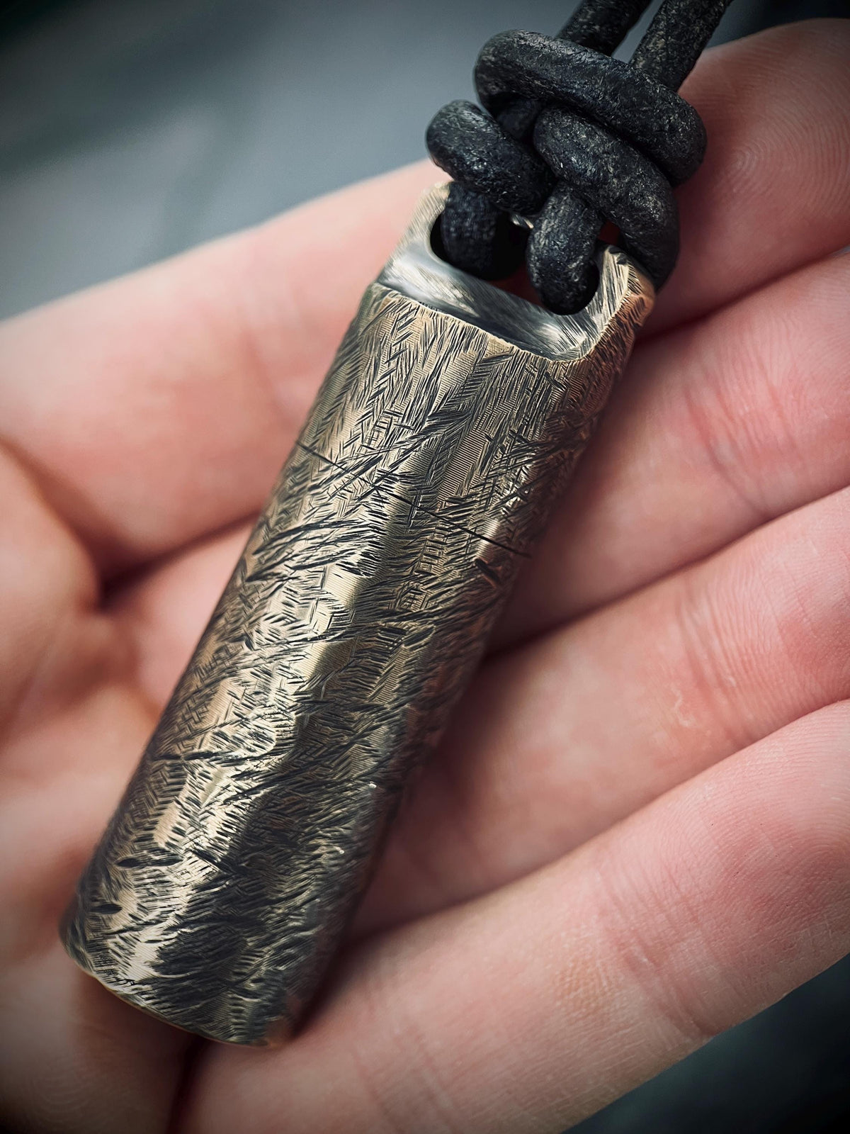 Large Rustic Brass Pill Vial Necklace: Distressed Capsule Stash Pendant with Leather Cord