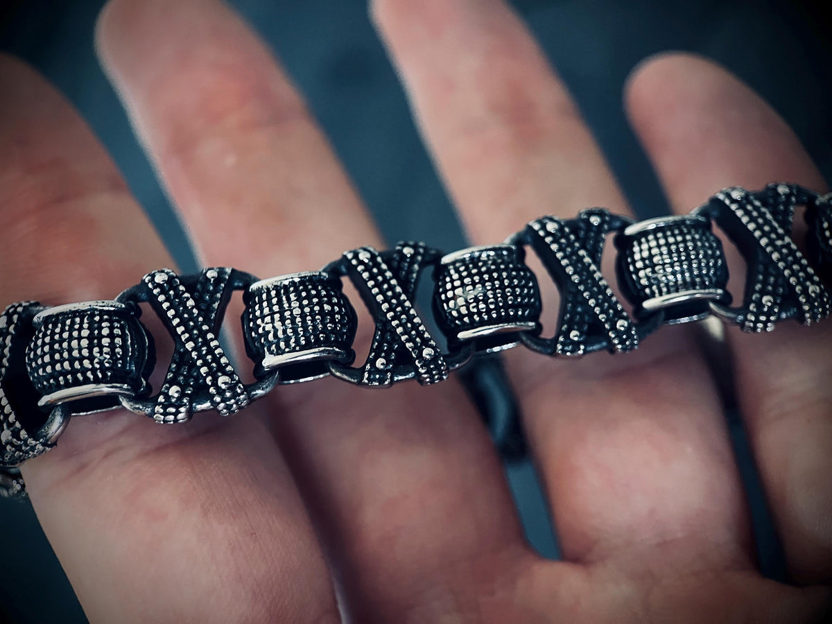 Oxidized Stainless Steel X-Link Bracelet: Chunky Rustic Mens Jewelry