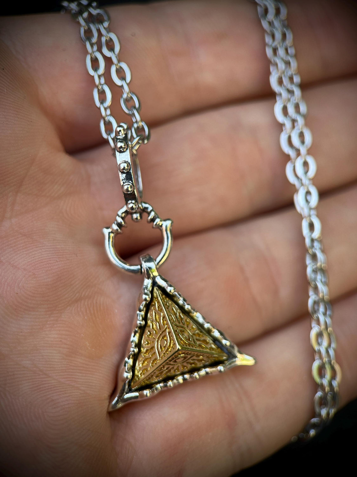 Egyptian Eye of Horus Golden Copper Pyramid and Silver Plated Pendant with Matching Necklace