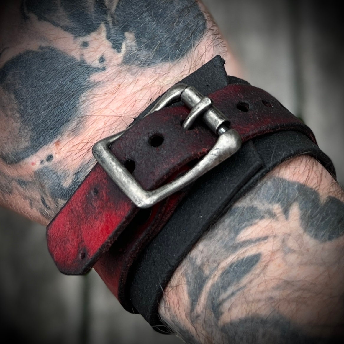 Artisan Handmade Red & Black Road Worn Out Distressed Relic Leather Wristband Wrap Cuff Bracelet Accessory with Oxidised Silver Buckle Strap