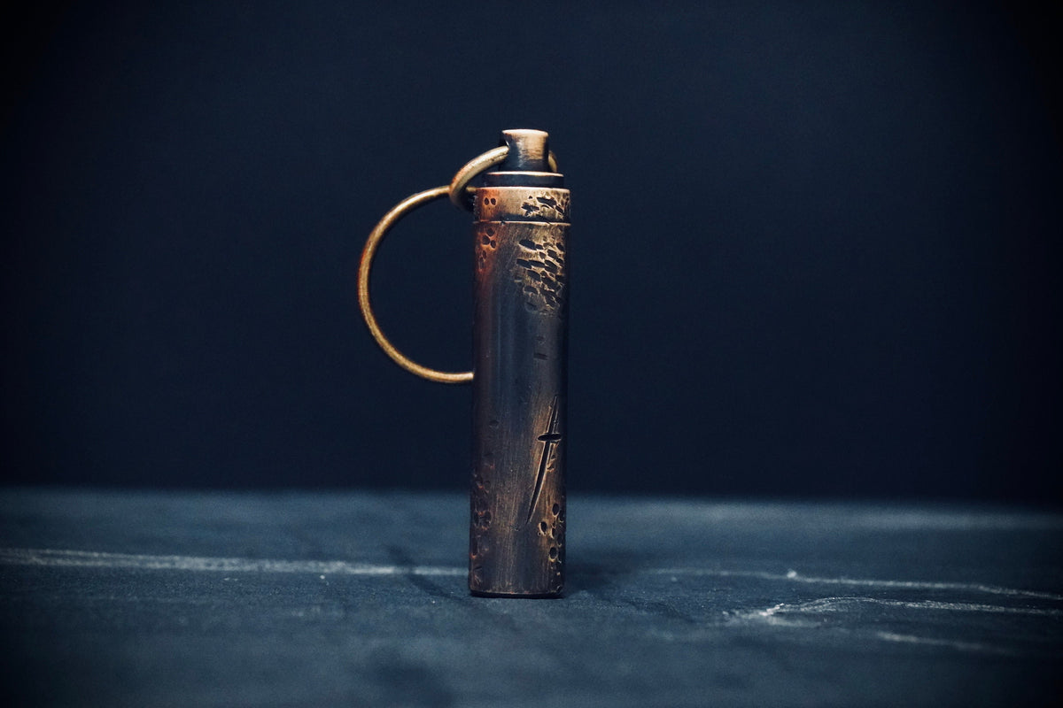 Heavily Distressed Brass Bullet Pill Bottle Stash Capsule Key-chain / Key-ring / Survival EDC /Matchbox