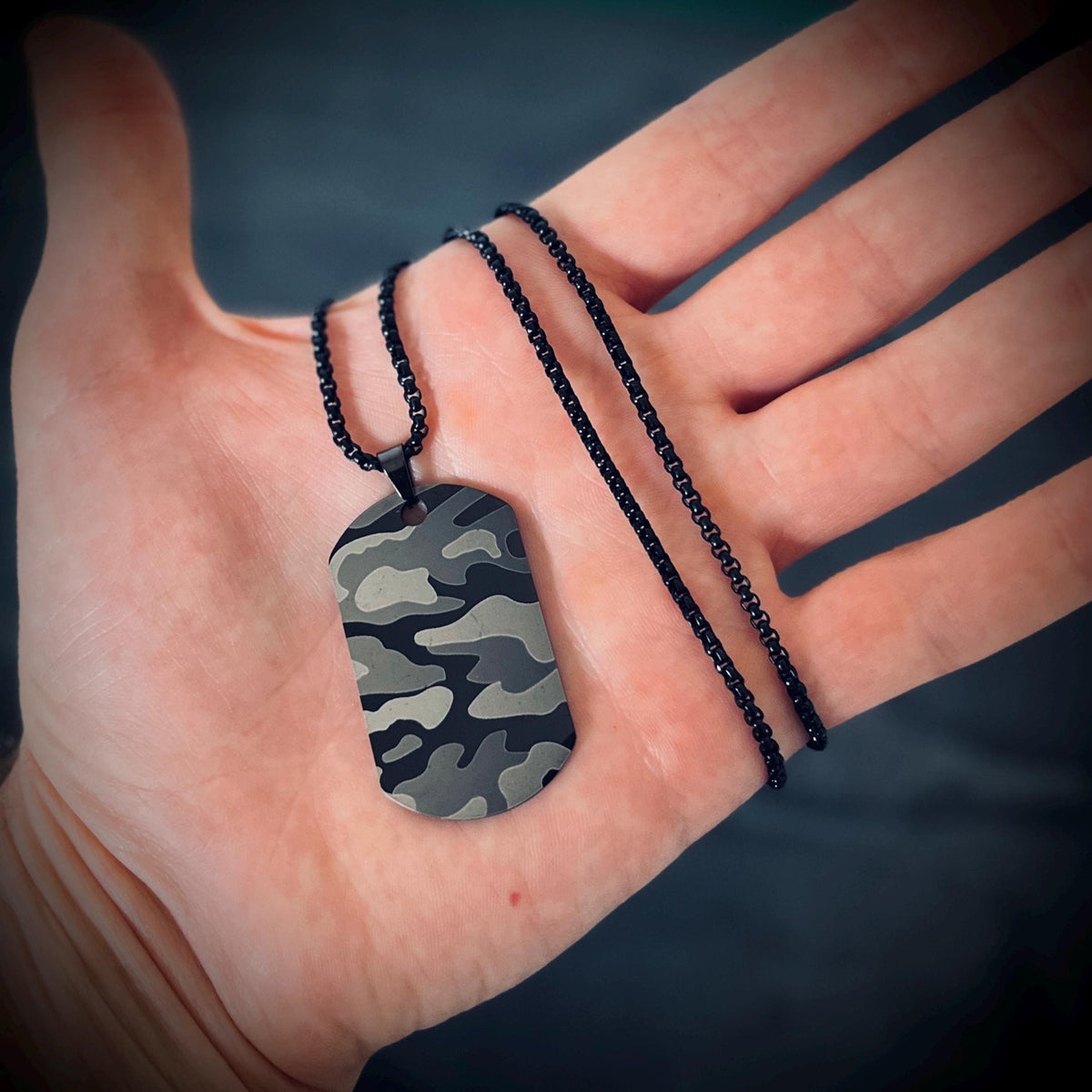 Matte Snow White Camo Dog Tag Necklace: Stainless Steel Metal Pendant with 24" Chain