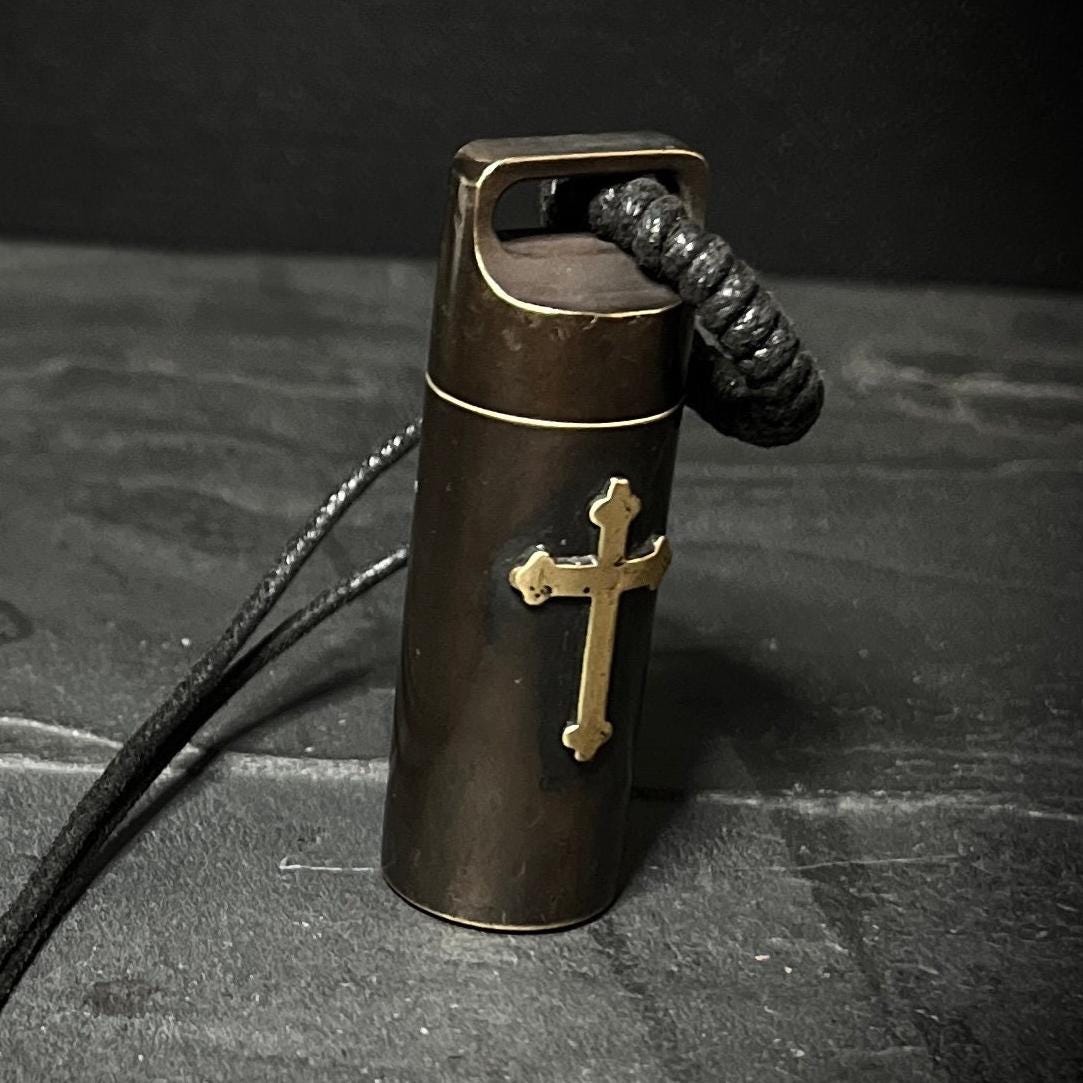 Engraved Large Brass Bullet Shotgun Shell Stash Screw Capsule Key-chain with Crucifix Cross / Accessory / EDC / Everyday Carry / Pill Box
