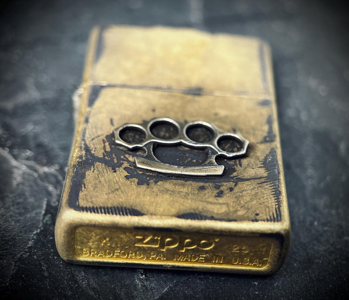 Customised Heavily Distressed & Oxidised Vintage Patina Style Solid Street Brass Zippo Lighter with Emblem / EDC / Custom