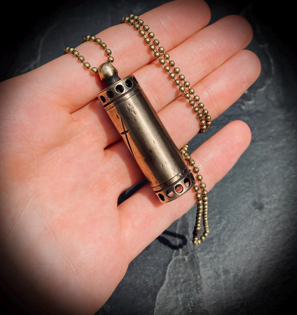 Aged Solid Brass Small Pill Vial Distressed Shotgun Shell Capsule Stash Urn Engraved Cross Pendant & Matching Ball Chain Necklace
