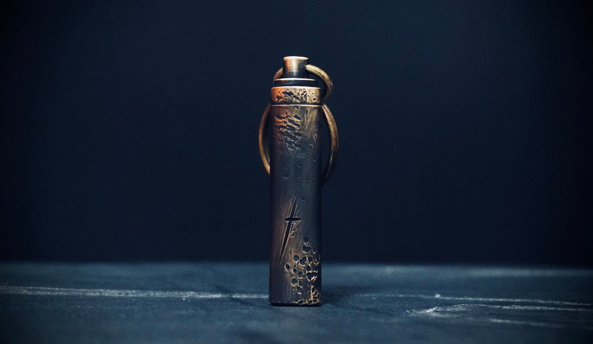 Heavily Distressed Brass Bullet Pill Bottle Stash Capsule Key-chain / Key-ring / Survival EDC /Matchbox