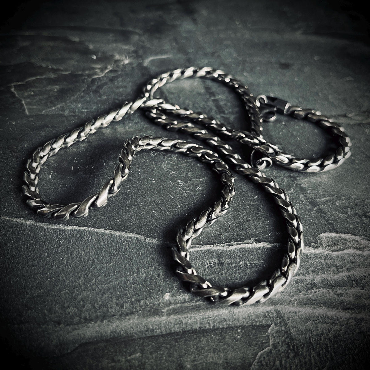 Oxidised Simple Stainless Steel Matte Silver Thick Chunky Heavy Wheat Chain Necklace - Mens / Style / Minimalist - 60cm