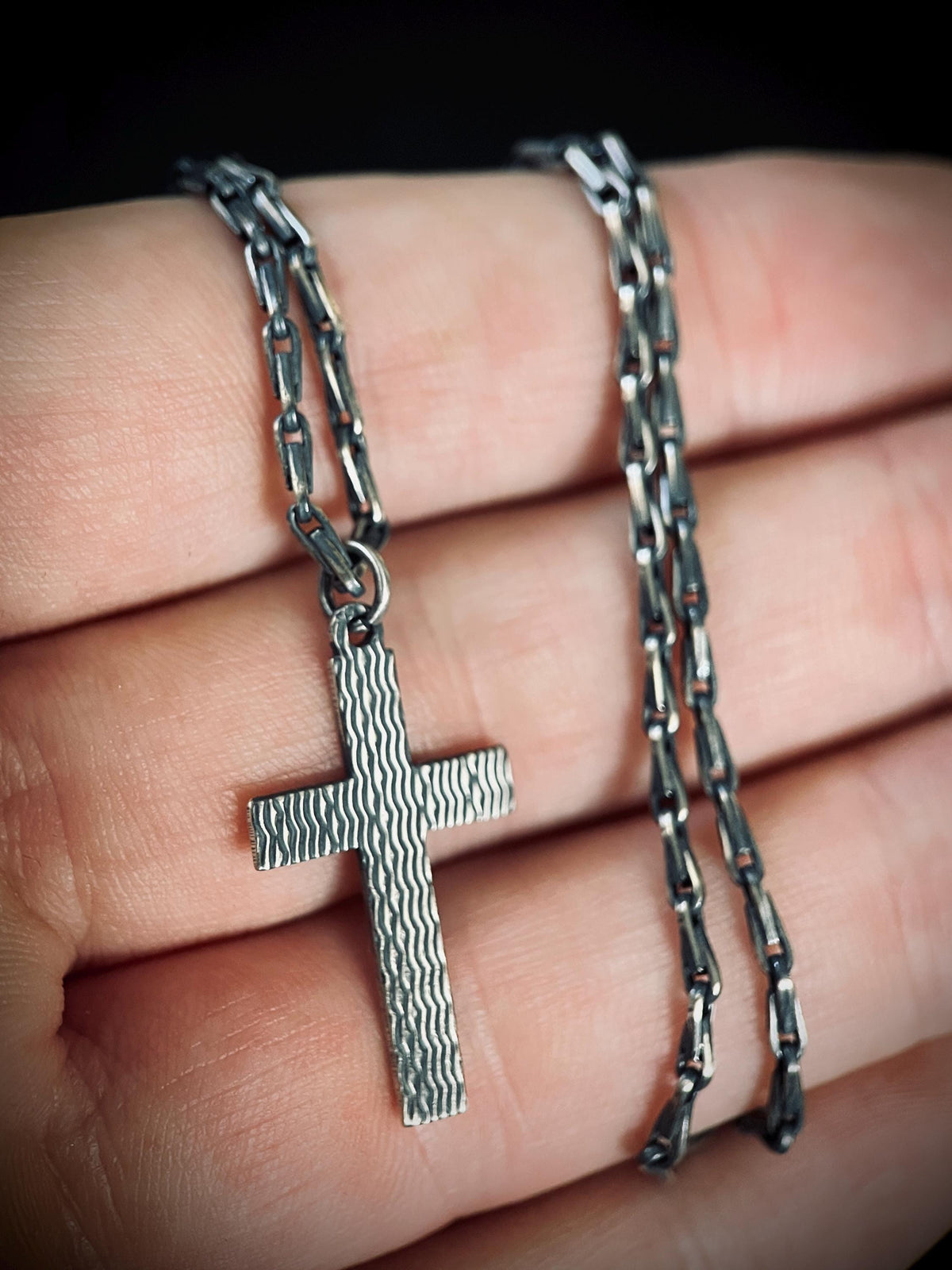 Small Rustic Minimalist Solid Sterling Silver 925 Cross Crucifix Pendant & Paperclip Cable Chain Necklace