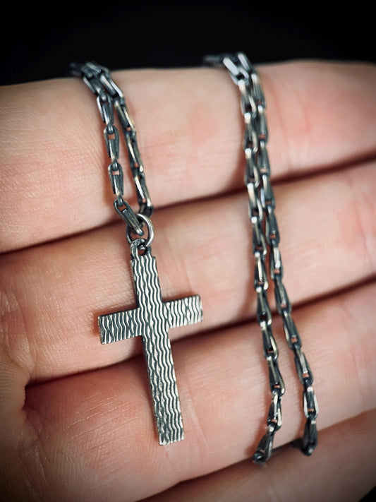 Small Rustic Minimalist Solid Sterling Silver 925 Cross Crucifix Pendant & Paperclip Cable Chain Necklace
