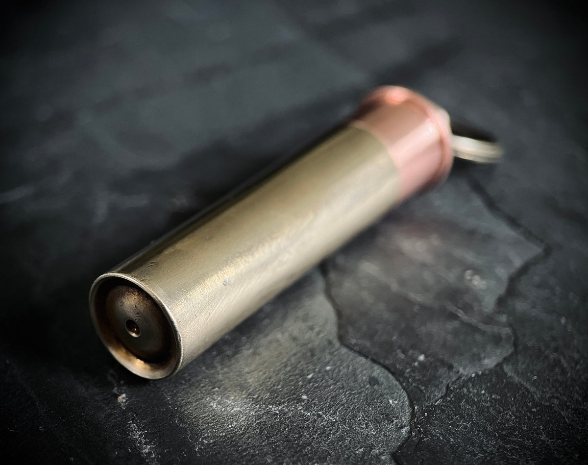 Distressed Brass & Copper Waterproof Shotgun Shell Bullet Pill Bottle Capsule Keychain / Carabiner / Survival EDC / Container / Pocket / SOS