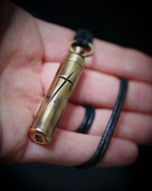 Rustic Handmade Brass Secret Stash Bullet Capsule Pendant Necklace with Engraved Cross & Custom Lettering