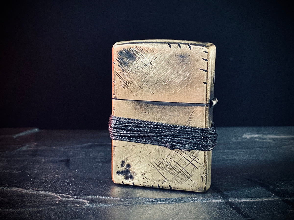 Customised Distressed & Oxidised Battle Damaged Vintage Style Gold Brass Zippo Lighter with Rope Grip / EDC / Everyday Carry