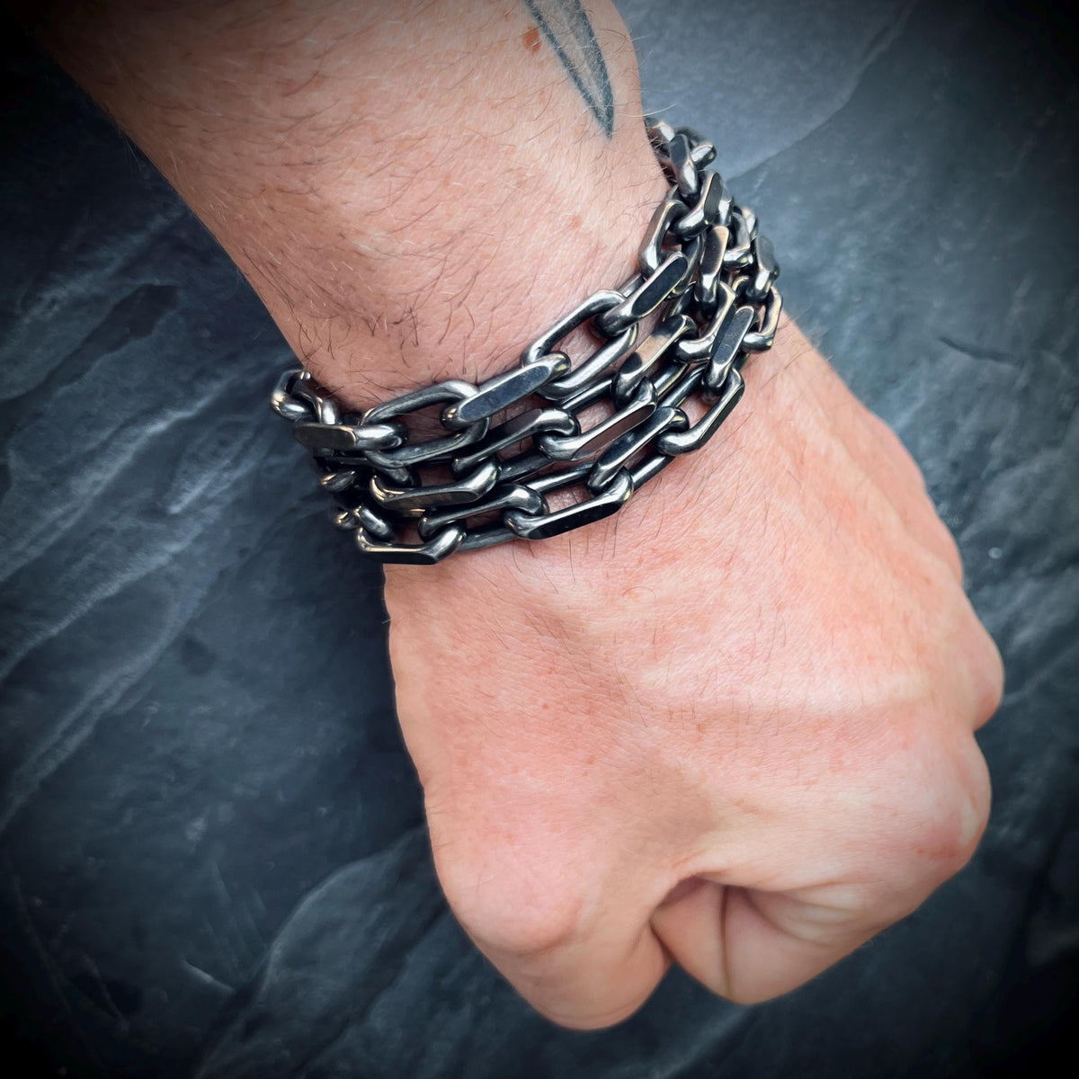 Thick Chunky Heavy Distressed Silver Stainless Steel Cable Link Boxy Chain Bracelet
