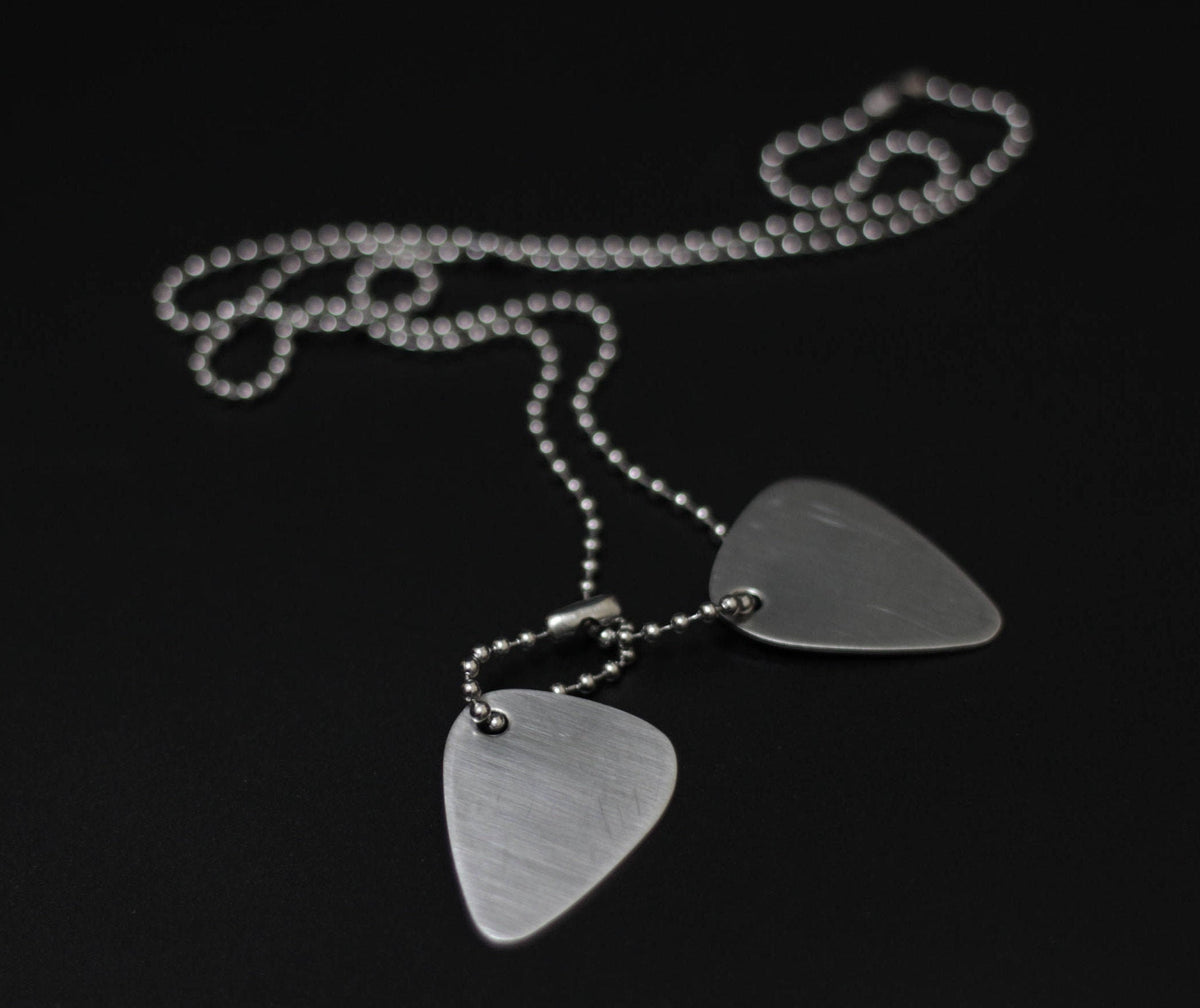 Brushed Stainless Steel Guitar Pick Necklace, Minimalist Dog Tag Design