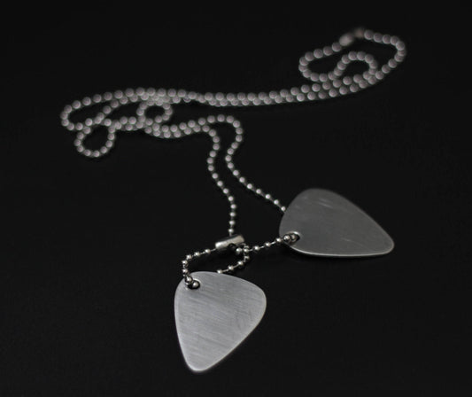 Brushed Stainless Steel Guitar Pick Necklace, Minimalist Dog Tag Design