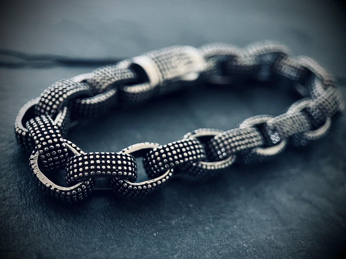 Oxidized Stainless Steel Chunky Chain Bracelet: Embossed Dot Link, Rustic Mens Jewelry