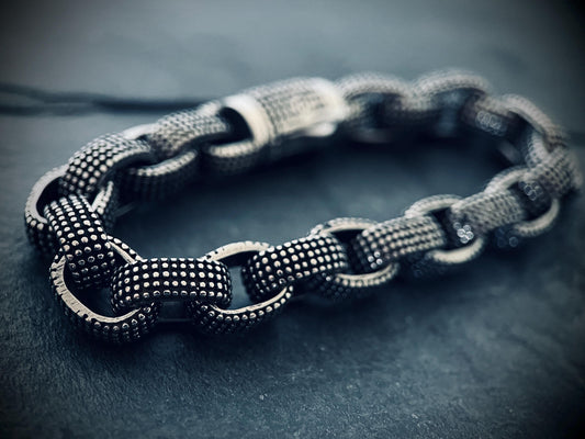 Oxidized Stainless Steel Chunky Chain Bracelet: Embossed Dot Link, Rustic Mens Jewelry