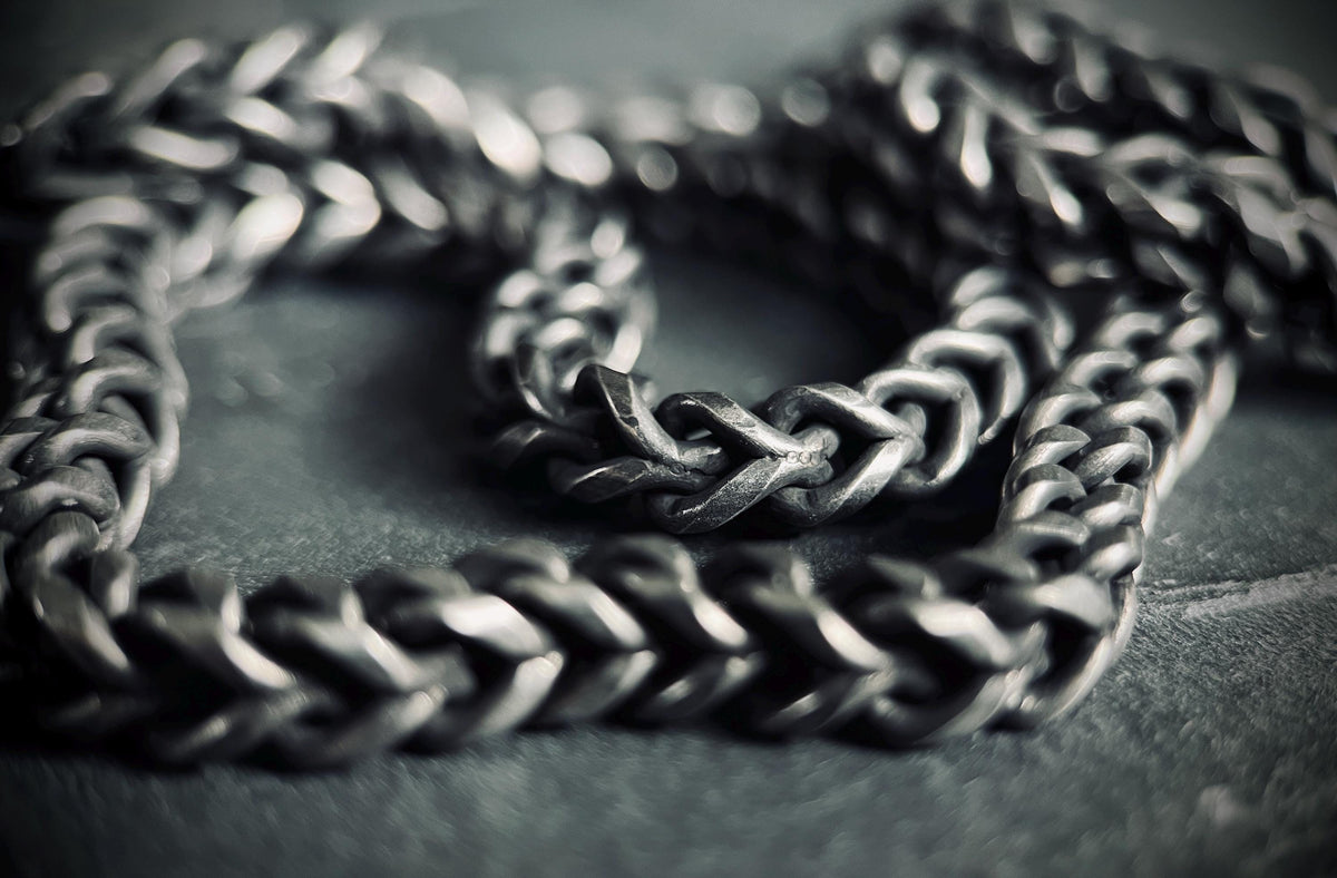 Oxidised Black & Silver Stainless Steel Chunky Thick Heavy Foxtail Chain Necklace - 24” Inches