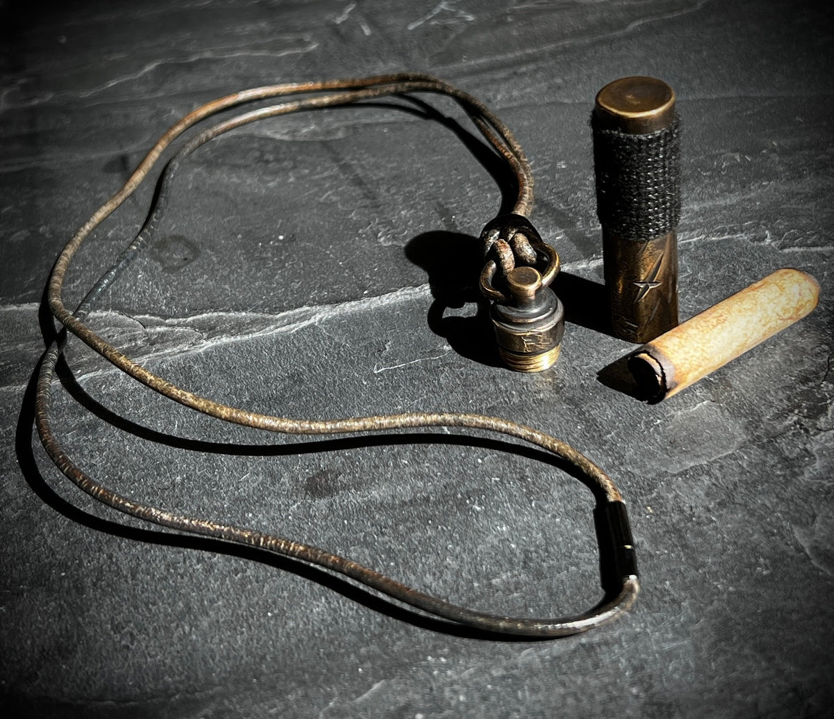 Rustic Style Etched Brass Secret Stash Bullet Vial Capsule Pendant & Leather Lace Cord Necklace