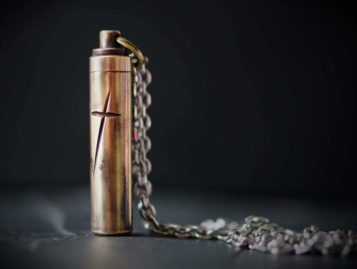 Personalised Engraved Letter Rustic Brass Capsule Stash Urn Vial Cross Symbol Pendant with Silver Stainless Steel Cable Chain Necklace