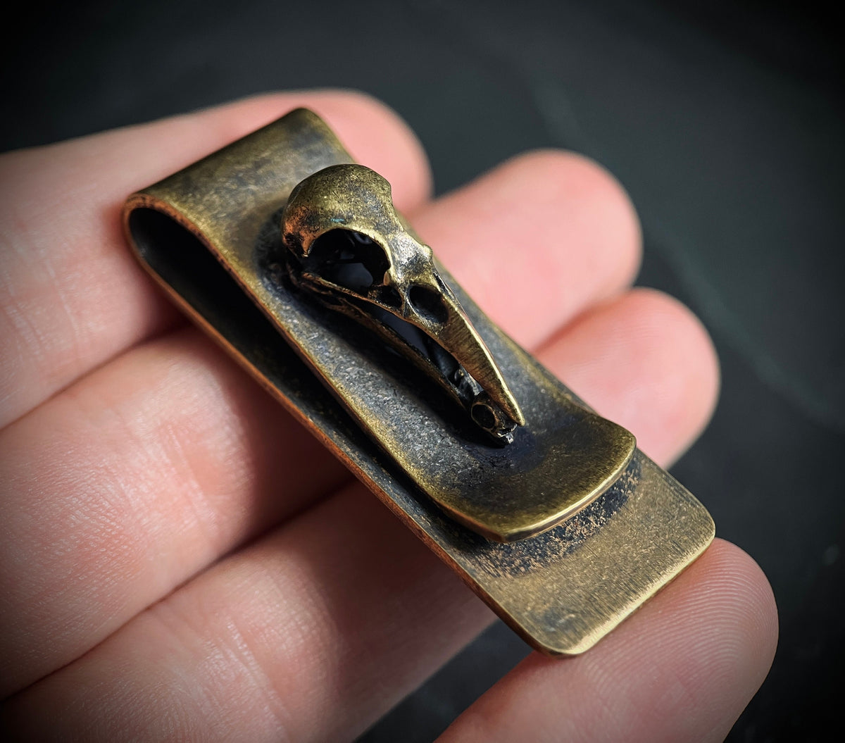 Vintage Distressed Style Solid Brass Crow Bird Skull Money Clip Holder / Wallet