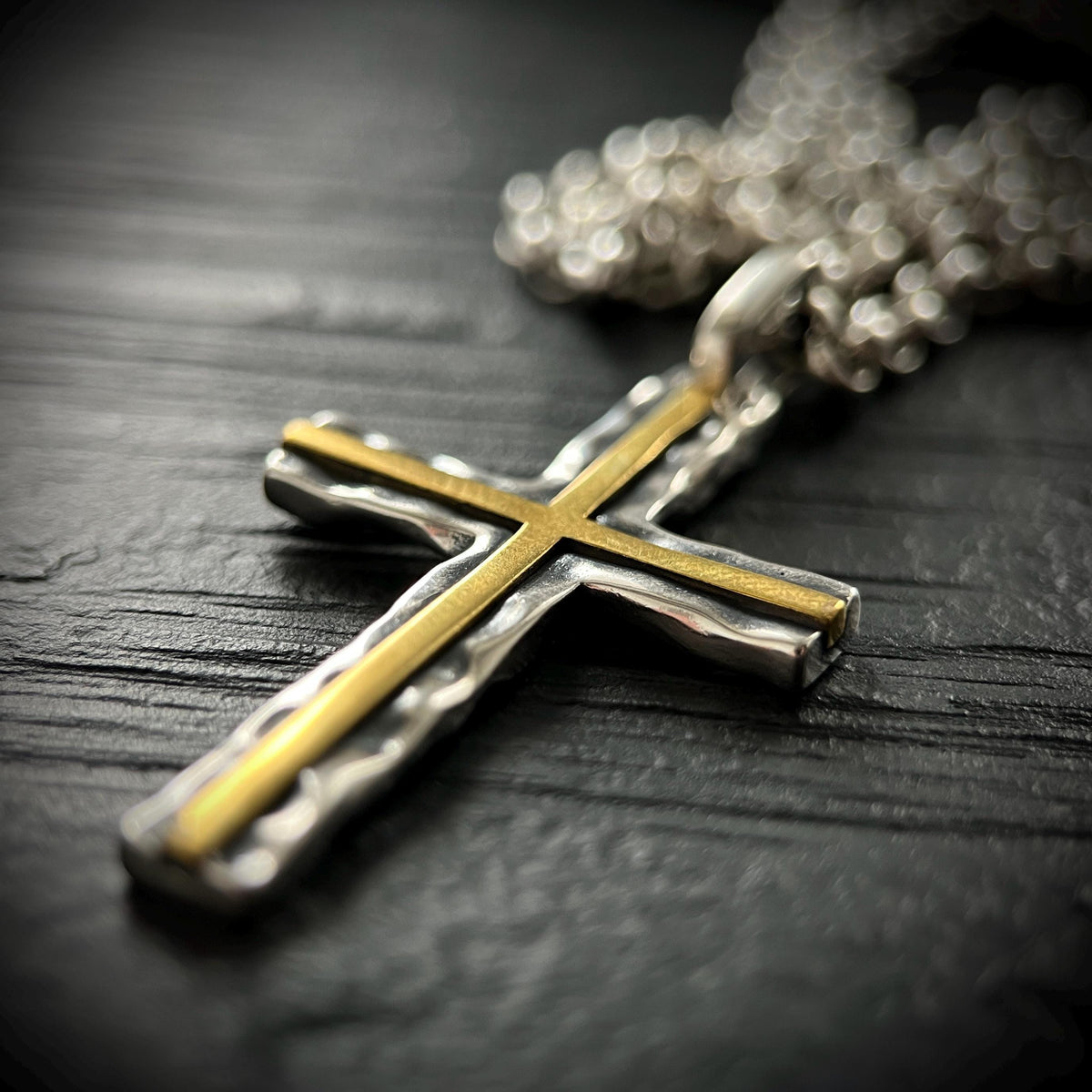 Hammered Sterling Silver Rustic Cross Pendant with Brass Inlay with 24" Rolo Chain