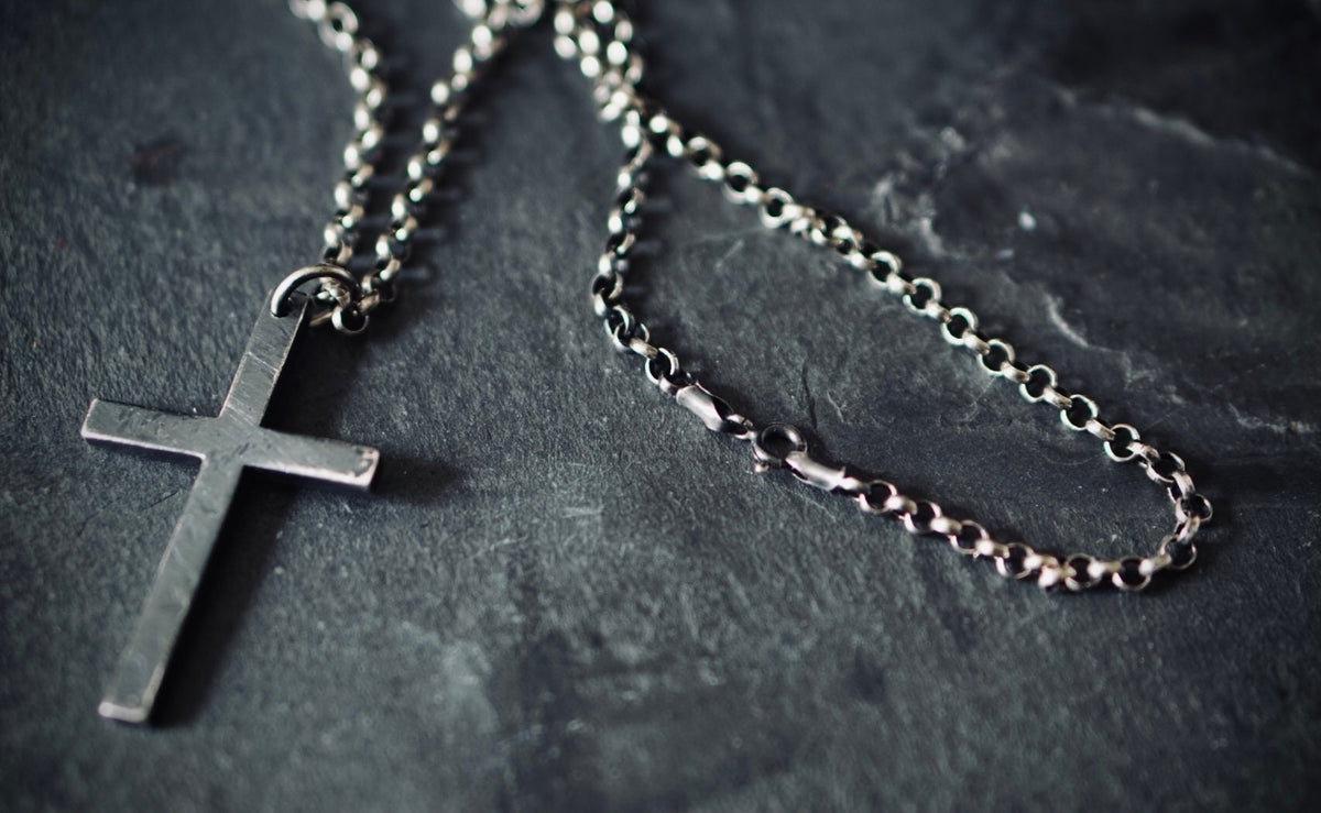 Rustic Oxidised Distressed 925 Sterling Silver Cross Pendant & 24" Rolo Chain Necklace